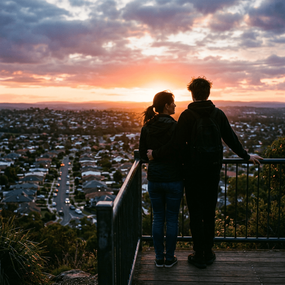 Couple standing on a railing platform overlooking a city at sunset
