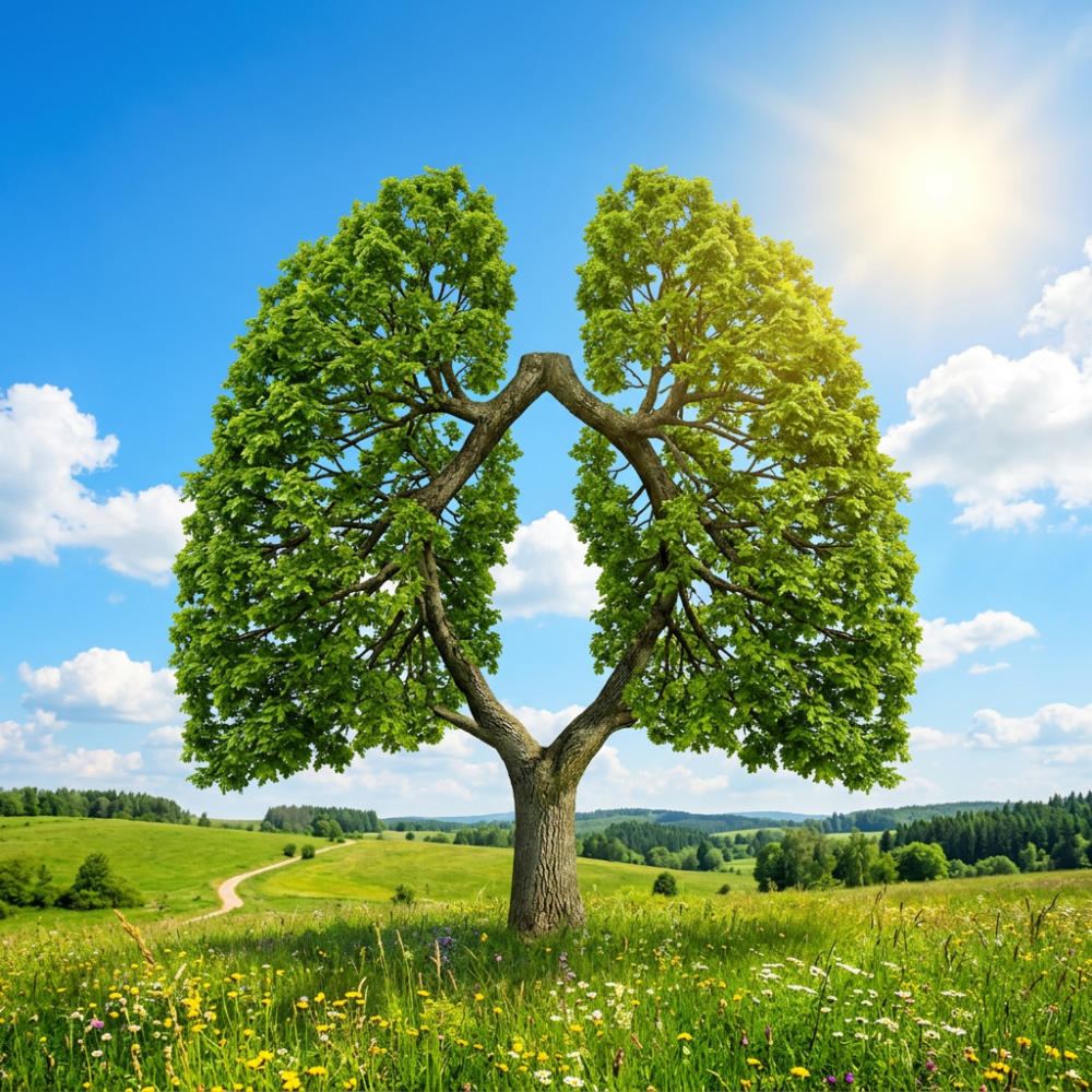 Tree with branches and leaves shaped to resemble human lungs against a blue sky
